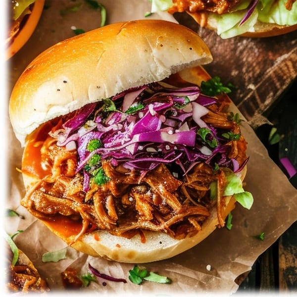 A MadMacs pulled pork sandwich with red cabbage slaw and barbecue sauce on a bun.